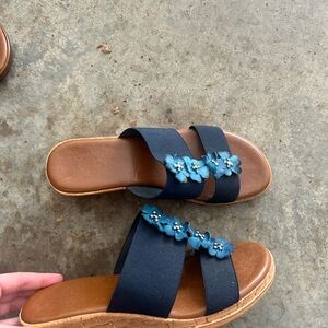 Women’s Navy Slide Sandals with Blue Flower Accents